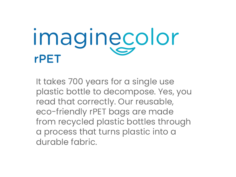 It takes 700 years for a single use plastic bottle to decompose. Yes, you read that correctly. Our reusable, eco-friendly rPET bags are made from recycled plastic bottles through a process that turns plastic into a durable fabric.